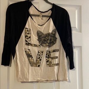 Black and White Cat Graphic Raglan Tee